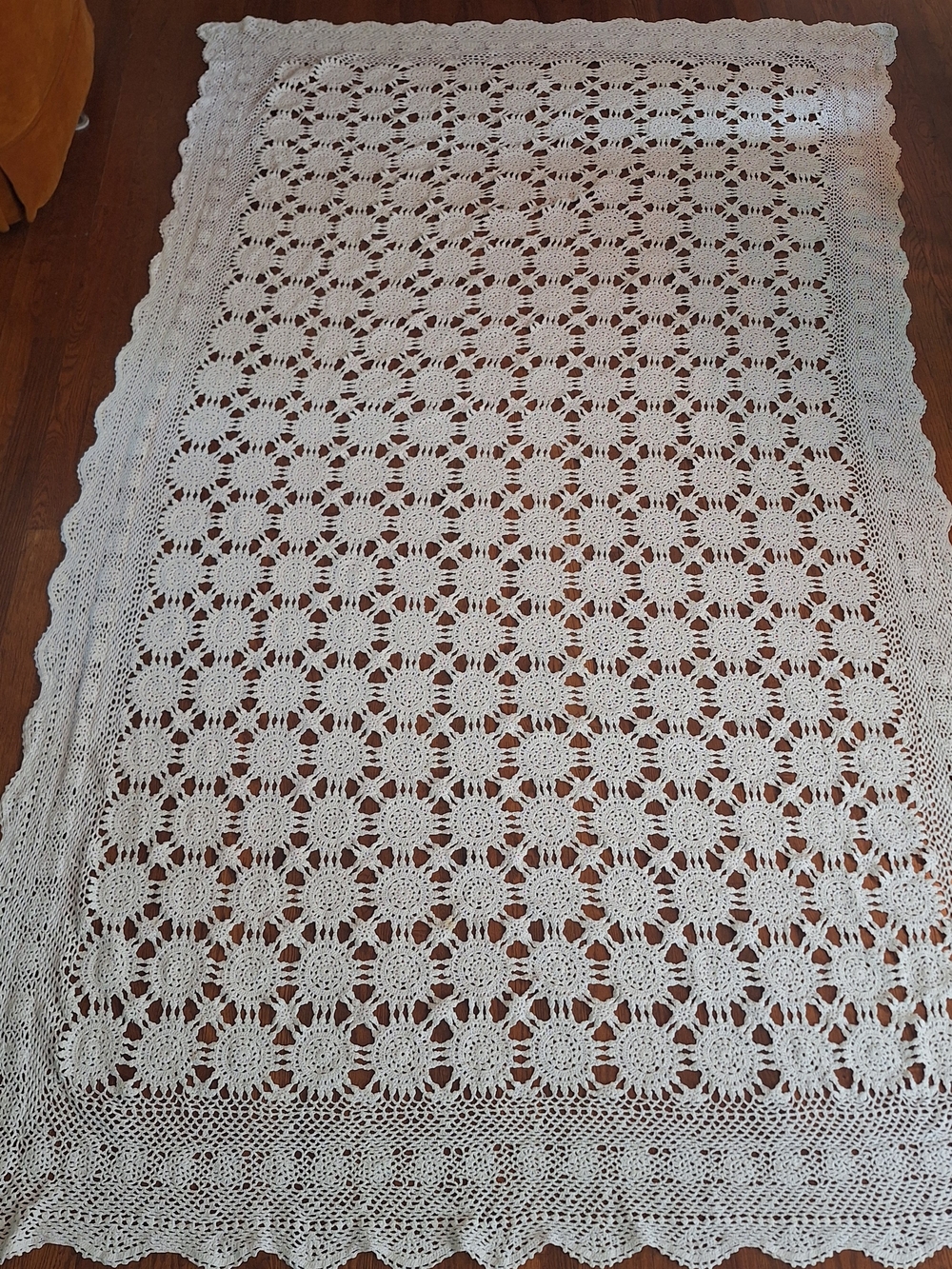 white vintage handmade cotton crochet lace rectangular tablecloth light coverlet